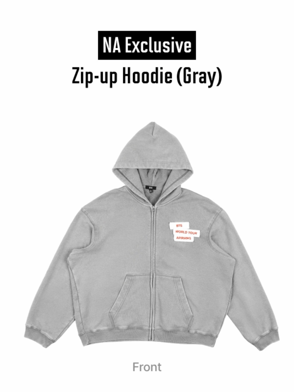 ON HAND BTS WORLD TOUR ARIRANG ZIP UP HOODIE (GRAY) MEDIUM US/NA STOPS